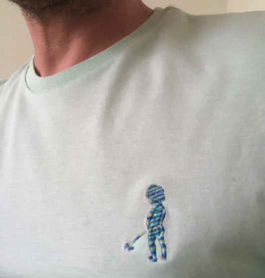 T-shirt homme "Ketje"™ turquoise pastel - broderie bleue multicolore